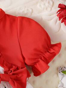 新生女宝宝可爱甜美樱桃印花圆领荷叶边泡泡袖连衣裙配发带，夏季 - 彩色 - 查看 6