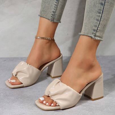 صنادل بكعب سميك مجعد بأصبع مربع 7.3 سم، عصرية، أنيقة، متطورة، سهلة الارتداء، مريحة للاستخدام اليومي والعمل والحفلات