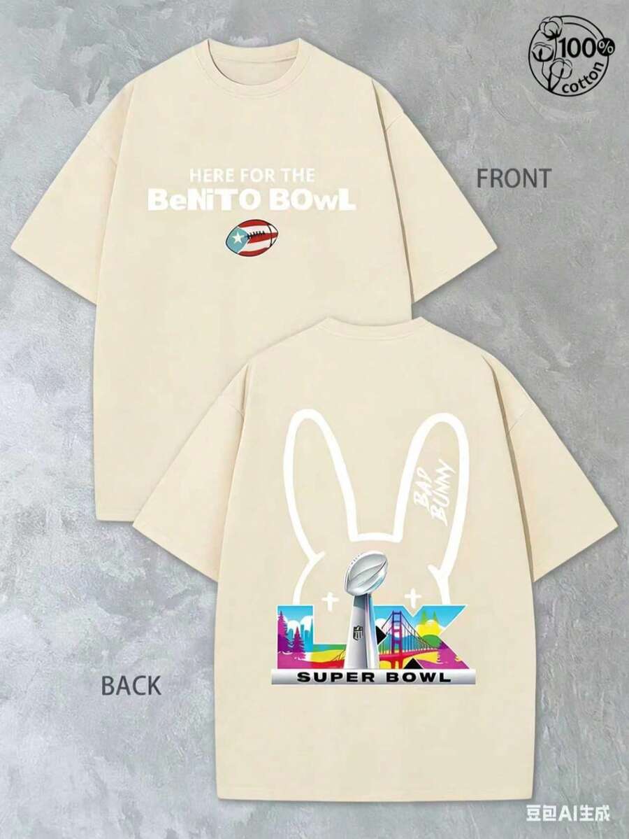 BadBunny Benito Bowl T Shirt,Retro Washed T-Shirt Double Sided Printed (230 Pure Cotton T-Shirt),Christian Gift, Men's T-Shirt, Men's Casual, Comfortable, Fashionable T-Shirt, Street Style Cottonwinter Clothes For Women ST Patrick' S Day - 杏色 - 查看 1