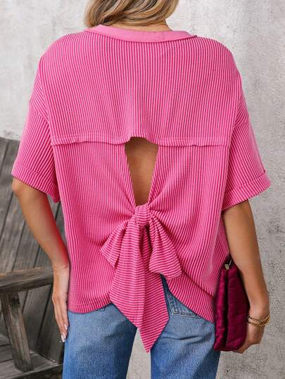 Acelitt Sommer Damen Rose Rot einfarbiges Spiral Geripptes elegantes Cut Out Schleife Lässig Kurzarm Rundhals T-Shirt