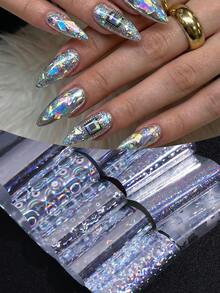 10pcs Holographic Nail Stickers, Size 20x4cm, Shiny Sequin Nail Stickers, Line Geometric Floral Rose Starry Sky Pattern, Full Cover DIY Nail Art Decorations, Suitable For Women And Girls - Multicolor - View 5