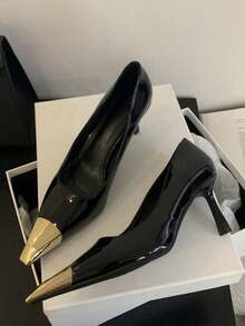 Giày cao gót mũi nhọn bằng da bóng màu đen, kiểu dáng slip-on, thích hợp cho công sở, thiết kế gợi cảm mới năm 2024, gót nhọn. - màu đen - Xem 6