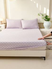 1件浅紫色波点图案床笠，甜美少女风床垫保护套，情人节床垫罩，床单，柔软透气，适用于各种尺寸的床——单人床、双人床、特大号床、大号床，深口袋设计，最大可达11.8英寸 - 淡紫色 - 查看 7