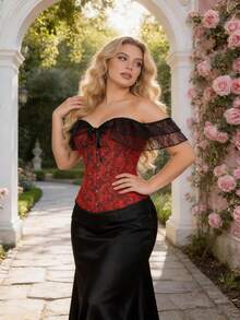 Áo corset trễ vai kiểu cung đình cỡ lớn, viền ren, áo bustier jacquard cổ điển gợi cảm, áo định hình vòng một quyến rũ cho kỳ nghỉ hè. - Màu Đỏ Sâu - Xem 8