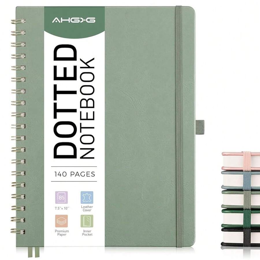 Bullet Dotted Journal Spiral Notebook, Large B5 Dotted Notebook 140 Pages, Leather Hardcover, 100 GSM Thick Dot Grid Paper, Inner Pocket, For Bullet Journaling, 7.6\ X 10\, Sage Green - B5點陣B5點陣 - 查看 1