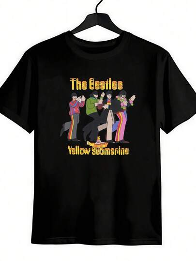 100% Cotton Black The Beatle Yellow Submarine Retro Cartoon Rock Band Graphic Short Sleeve Men's T-Shirt
