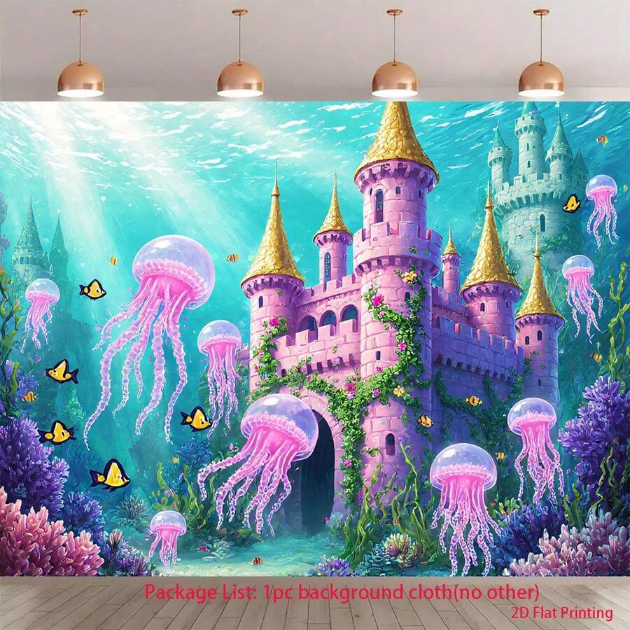 2D Flat, 2D Flat Product, 1 Pc Set-Underwater Fairy Tale Kingdom Castle, UV-Printed Banner Backdrop, Party Photo Studio Prop Photography Backdrop, 2D Flat