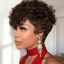 Women Elegant Curly Pixie Wig - Natural Curly Wave Human Hair Wig With Bangs,Full Machine Made, Short Pixie Cut For Everyday & Special Occasions - Multicolor - View 7