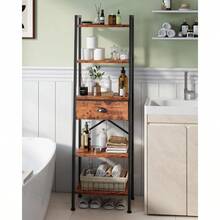 5 Tier Ladder Shelf, Tall And Narrow Bookshelf With Drawer,Standing Bookcase Units, Industrial Open Display Shelves Organizer For Bathroom,Kitchen,Bedroom,Living Room,Rustic Brown - Nâu mộc mạc - Xem 6