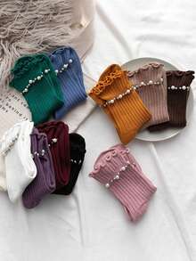 1双女士珍珠边中筒袜，时尚百搭罗纹袜，春秋季