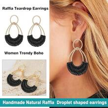 Raffia Hoop Earrings For Women Fun Boho Summer Beach Earrings Lightweight Handmade Straw Wicker Rattan Dangle Earrings Statement Geometric Round Drop Earrings - 黑色淚滴 - 查看 4