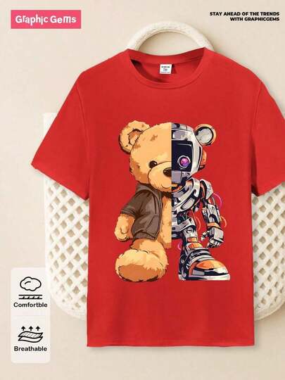 Camiseta de manga corta casual de verano para niño preadolescente con estampado de oso