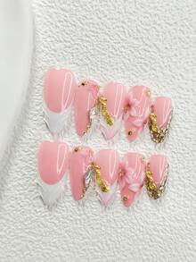 10片浪漫主题美甲贴纸，亚克力美甲套装，渐变粉色人造花装饰，海马，贝壳，闪亮菱形钻石配件，法式水滴，香槟钻石美甲，粉色美甲，附赠美甲工具（1张果冻贴纸+1把指甲锉），3种尺寸可选：杏仁形、鸭形、棺材形，适合通勤、婚礼、派对、日常、节日等场合。 - 彩色 - 查看 16