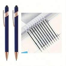 12pcs Metal Ballpoint Pens, Blue Fashion Design, Smooth Writing, Includes 2 Pens + 10 Refills, Touch Screen Compatible Dual-Use, Ideal Gift For Women, Colleagues, Teachers, Mothers (Black Ink) - Navy Blue - View 10