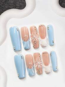 10pcs Set Soft Milky White Nail Gel Kit, Acrylic Press-On Nails, Handmade 5-Petal Flower Design, Solid Color Wavy Nail Decor, Silver Round Rhinestone Accent, Transparent French Style, Blue & White Nail Polish, Great Gift For Women & Girls, Nail Tools Included Nail Supplies Handmade Press On Nails - Multicolor - View 14