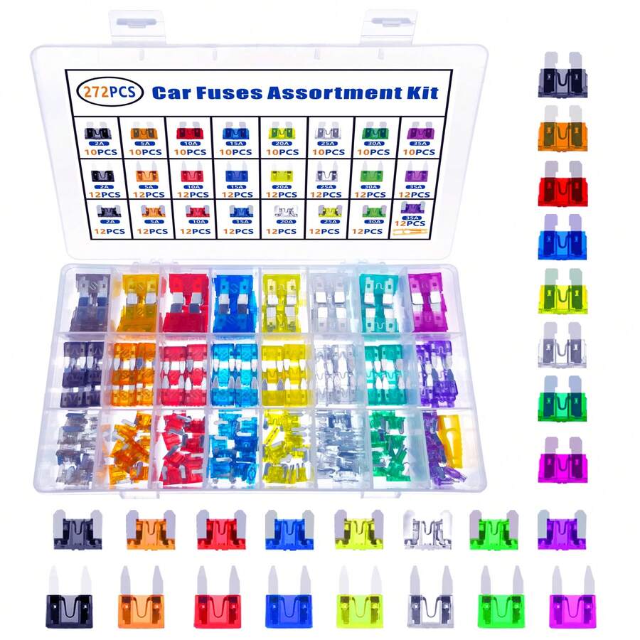 272 件装汽车刀片式保险丝套装 - 2A 至 35A - 适用于汽车、卡车和摩托车的迷你型保险丝，带包装盒