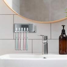 1pc 5-Slot Plastic Toothbrush Holder With Cover, Wall-Mounted Toothbrush Storage Rack Self-Adhesive No Drilling Toothbrush Organizer Holder For Toothpaste And Bathroom - Multicolor - View 6