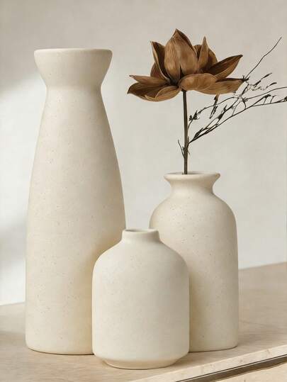 1pc/3pcs Set Beige Simple Vase Decor, Modern Boho Farmhouse Home Decor, Reed Grass & Dried Flower Vase, Creative Bookshelf, Desk, Shelf Reed Flower Vase With Boho Mini Vase, Dining Table Party Vase, Living Room Office Bookshelf, Entryway Bedroom Decor