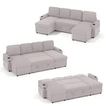Corner Sofa Bed, U-Shaped Sleeper Sectional Couch Bed, 3-In-1 Corduroy Convertible Pull Out Sofa Bed With Adjustable Backrest, Storage And Cup Holder For Living Room - U Corduroy - Silver Gray - View 4