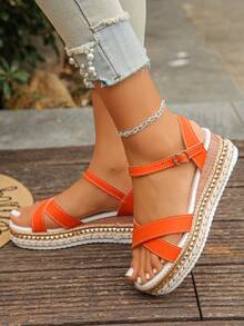 Fashionable Rivet Decor Criss-Cross Strap Open Toe Wedge Platform Sandals For Women,Summer Sandals - Orange - View 5