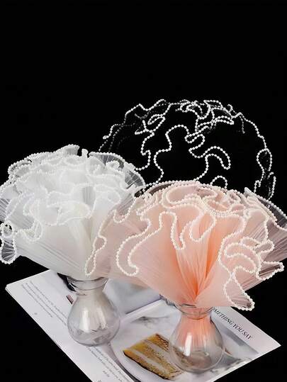 波浪纹欧根纱花卉包装纸，珍珠网缎带玫瑰花束包装材料，适用于花艺师DIY、婚礼派对、生日礼物、毕业典礼、母亲节、情人节、女友/妈妈礼物、房间装饰、婚礼用品