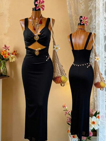 Vestido de mujer de unicolor y sexy, diseño calado, tirantes anchos - Elegante vestido de fiesta para playa, vida nocturna, apropiado para citas, cenas formales, cumpleaños y festividades, hebilla decorativa metálica irregular