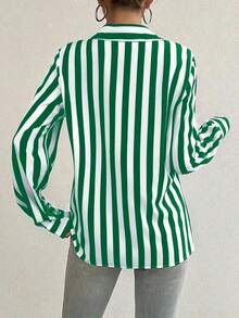 Contrast Color Block Striped Button Front Women Shirt, Loose Striped Blouse For Women Slimming Vintage Niche Versatile Top, Suitable For Daily Life And Valentine's Day - 綠色 - 查看 5