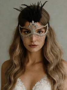 银色羽毛水晶流苏面具，奢华水晶面部装饰，威尼斯化装舞会女士面具 - 金黑 - 查看 1