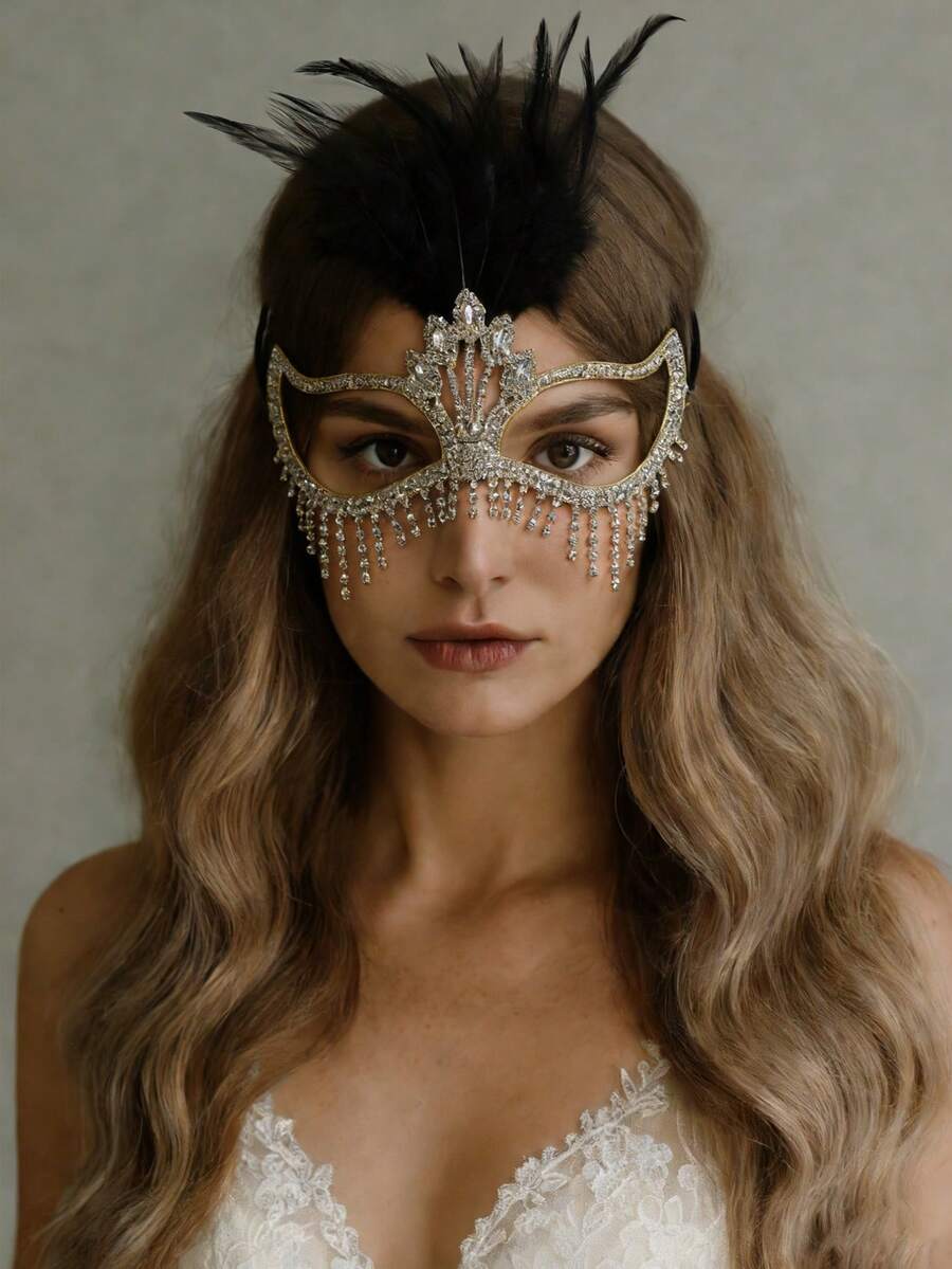 银色羽毛水晶流苏面具，奢华水晶面部装饰，威尼斯化装舞会女士面具 - 金黑 - 查看 1