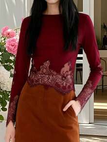 Blusa de encaje con cuello redondo y manga larga para mujer, corte ajustado, para fiesta, primavera y verano - Rojo - Ver 6