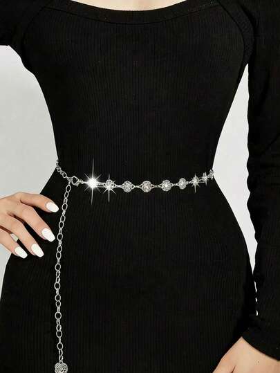 Women's Waist Chain, Small Flower Shaped Crystal Decor, Silver Color Elegant Minimalist Sexy Crystal Waist Chain/Body Chain, Chain Waist Belt