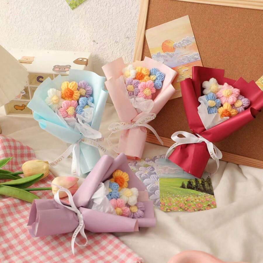 1 Bouquet Creative Yarn Simulated Puff Flower Bouquet, 18cm X 15cm, Suitable As Mother's Day Gift, Birthday Gift, Holiday Gift, Party Gift, Back To School Gift, Valentine's Day Gift, Souvenir Gift - Multicolor - View 1