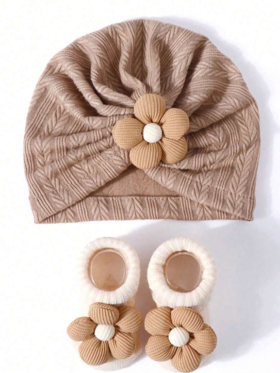 1pc Children Wheat Ear & Floral Pattern Socks Combo, Baby Beanie - 2pcs - View 1