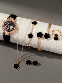 7件套多功能黑色星空石英数字手表套装，搭配幸运花项链、手链、戒指、耳环和珠宝配饰，是情人节和复活节送给女性的理想礼物。