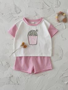 Set de 2 piezas de camiseta de manga corta con estampado de palomitas de maíz + pantalones cortos rosas, informal y dulce para niña bebé, primavera/verano - Rosa - Ver 7