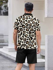 男士豹纹 Polo 衫和短裤套装，百搭 - 彩色 - 查看 4