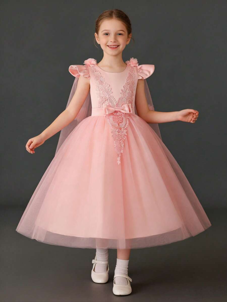 女童公主薄纱连衣裙，特殊场合派对礼服长款雪纺披肩领连衣裙，粉色无袖薄纱公主裙 - 粉色 - 查看 1