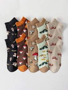 5/10双装随机女士休闲蘑菇印花袜子，透气柔软舒适，适合休闲、运动和日常穿着。 - 彩色 - 查看 8