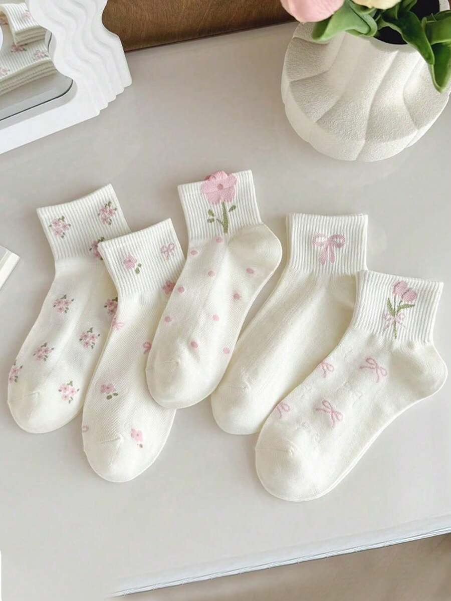 5 Pairs White Children's Socks With Bow, Polka Dot And 3D Print, White Lolita Lace Elastic Mid-Calf Socks, Suitable For Girls' Daily Wear/Matching, Fit For Children Aged 1-16, Breathable, Comfortable, Soft - Multicolor - View 1