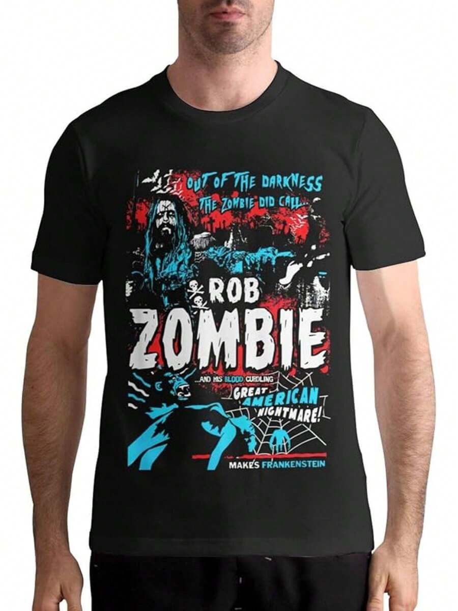 Men's Rob Zombie Graphic Oversize T-Shirt 100 Cotton 200gsm Crew Neck Short Sleeve Tee With Horror Inspired Artwork Loose Fit Casual Shirt For Concerts Festivals Casual Attire Festival Clothing Edgy Fashion Top Breathable Fabric - Black - View 1