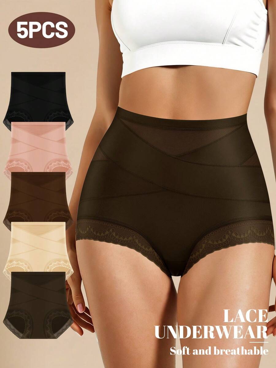 MIOTAN 5条装女士高腰网眼内裤，收腹提臀，交叉绑带设计，日常内衣 - 彩色 - 查看 1