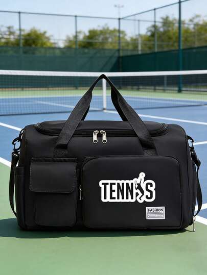 1Pc Tennis Print Travel Bag, Multifunctional Fitness Duffel Bag And Backpack, Large Capacity Casual Nylon Travel Bag, Lightweight, Suitable For Gym, Sports, Overnight