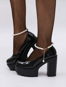 Novos Saltos Altos de Couro Envernizado com Decoração de Corrente de Pérolas para Mulheres, Saltos Elevados Doces e Punk, Adequados para Uso Diário, Festa, Punk, Banquete - Preto - Visão 2