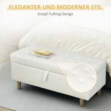 Upholstered Stool With Storage Space, Wooden Legs, Soft Fabric Cover, Cream White - Beige - View 2