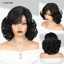 Women's Short Shoulder Length Wavy Bangs Synthetic Wig, Linen Texture Side Part Natural Black Color, Heat Resistant, Glueless & Seamless For Daily Wear Or Events - màu đen - Xem 2