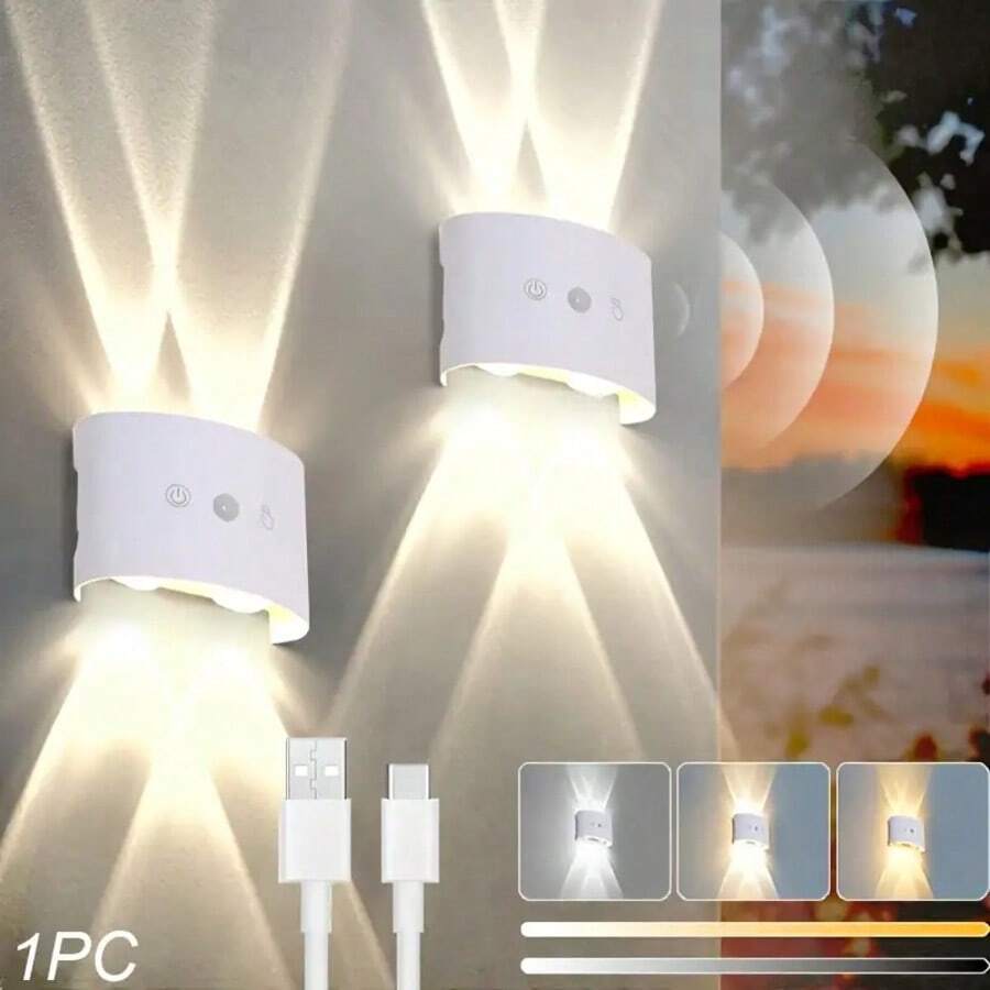 1 pieza Luz LED de sensor de movimiento para escalones, control táctil, luz LED recargable de 3 colores para escalones, luz de pared magnética, luz de pared con batería recargable USB con brillo ajustable, luz de pared LED inalámbrica para escalones, dormitorios, pasillos (1500mAh) - USB - Ver 1