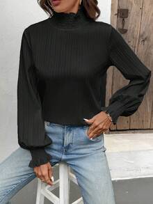 黑色长袖上衣 女士优雅褶皱高领灯笼袖纯色衬衫 - 黑色 - 查看 6