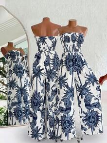 Sunflower & Paisley Print Jumpsuit: Halter Neck Wide-Leg Romper In Navy And White For Summer Resorts, Beach Vacations And Casual Outings For Women. - 混合色 - 查看 1