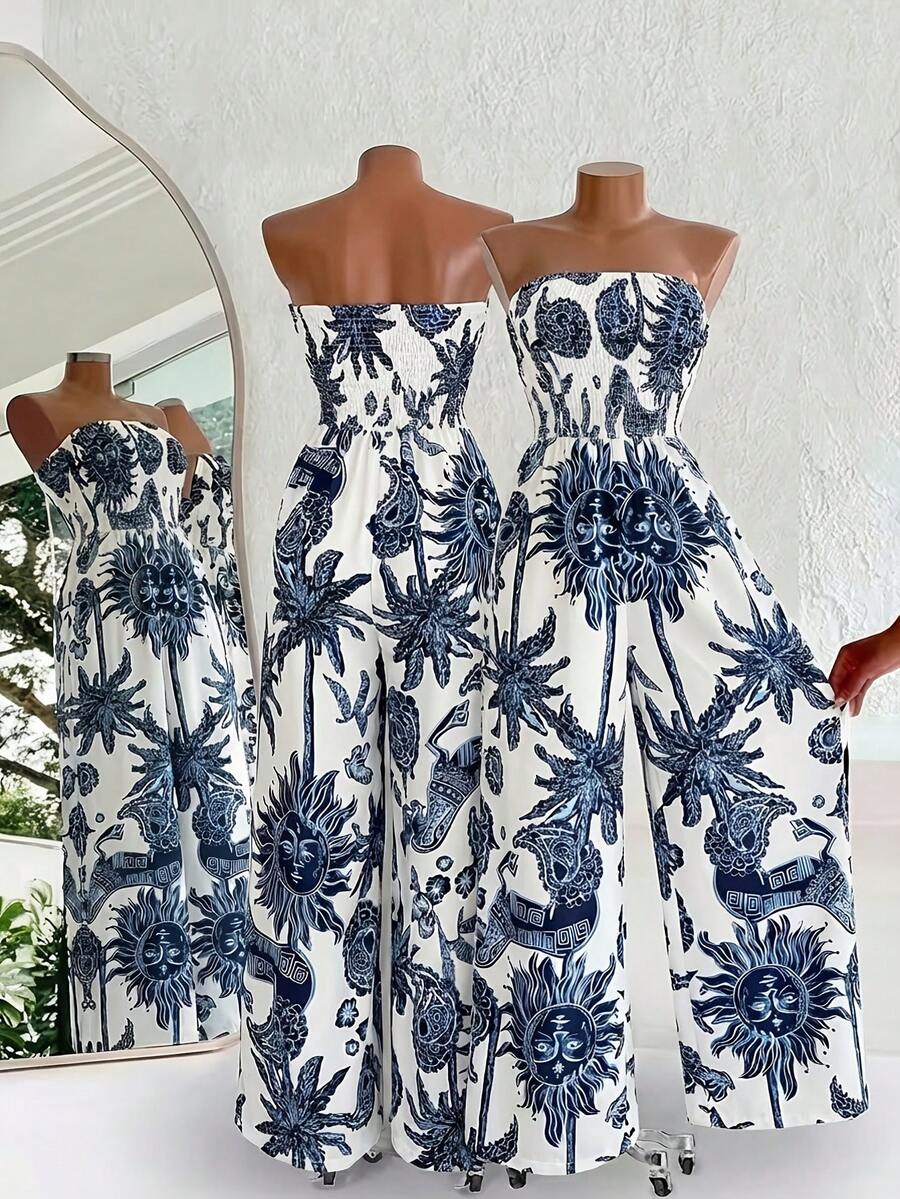 Sunflower & Paisley Print Jumpsuit: Halter Neck Wide-Leg Romper In Navy And White For Summer Resorts, Beach Vacations And Casual Outings For Women. - 混合色 - 查看 1
