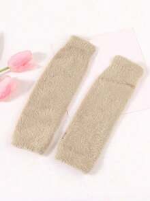 1 双女士柔软毛绒半指手套，保暖护臂露指连指手套，可爱长袖设计，适合秋冬季节 - 長款手套 - 查看 6